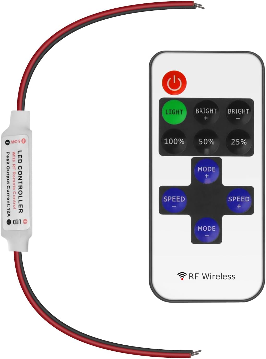 LED-Streifen-Controller – 5 V/24 V – Weiße HF-Fernbedienung mit Dimmerfunktion | Für einfarbige 5050/3528-Streifen