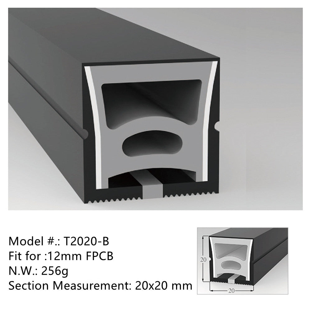 Neon Light Housing – S2020 Black | 20x20mm Silicone LED Channel System | IP67 Waterproof | 12mm PCB Width | 164FT/50M