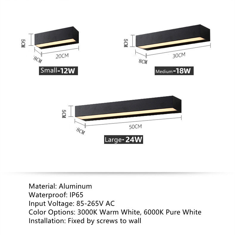 Outdoor LED Wall Light, Long Black Aluminum LED Wall Sconce - 12W / 18W / 28W | 3000K / 6000K | IP65 Waterproof Square Aluminum Wall Lamps