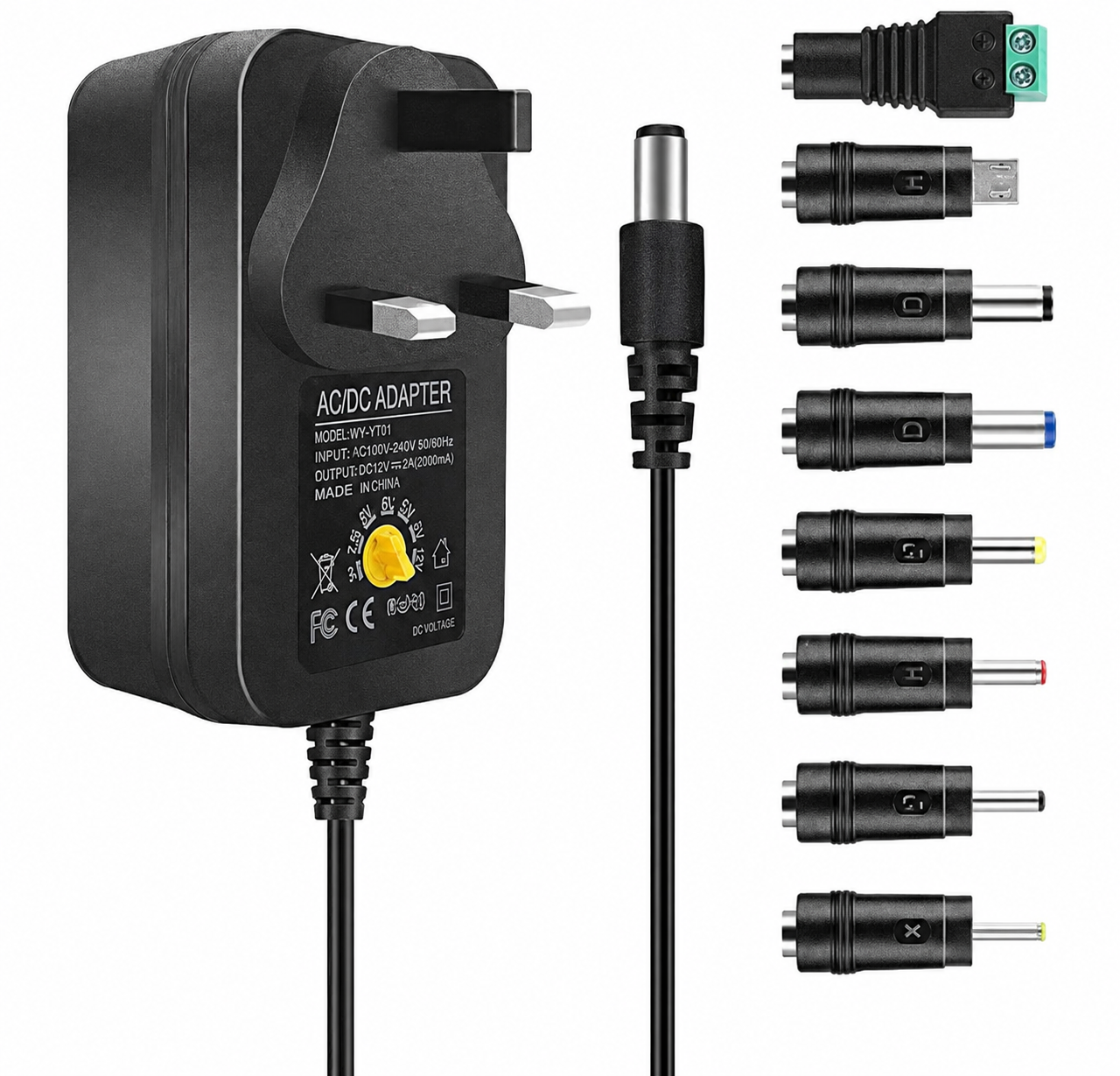 3V-12V Wall Plug Power Supply - AC 100-240V Input, Black Housing with UK Plug for LED Strip Lights, Router and Electronic Devices
