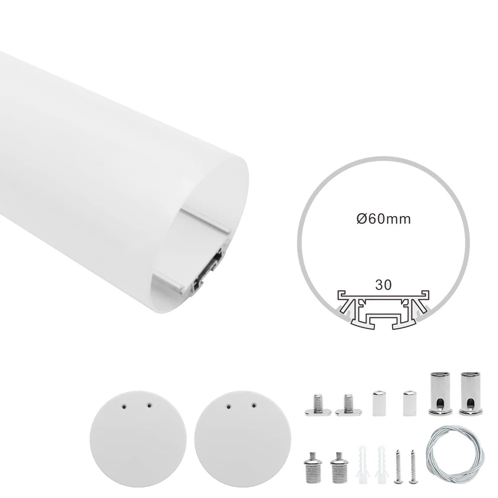 Rundes, extrudiertes, lineares LED-Aluminiumprofil D60-B – 60 mm Durchmesser | 30 mm Innenbreite | Silber | Milchweiße Abdeckung | Mit Installationszubehör | – 1 m / 2 m | 20er-/50er-Pack 