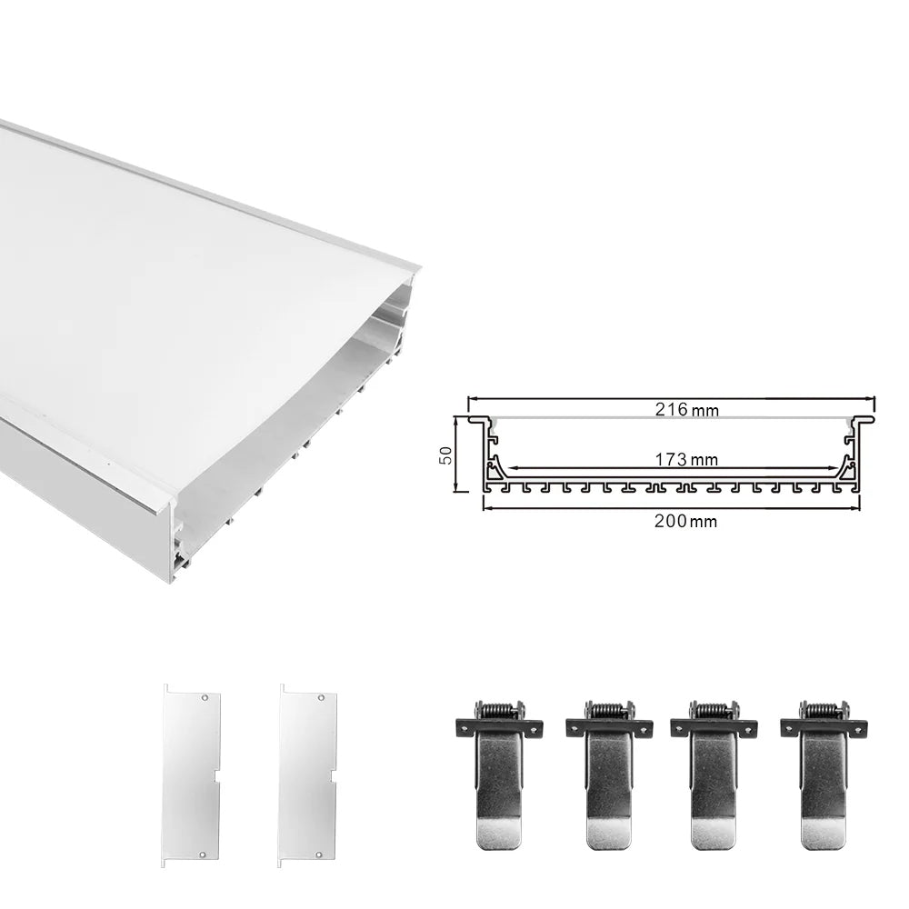 Breiter LED-Einbau-Aluminiumkanal H20050B – 173 mm Innenbreite | Silber | Milchweiße Abdeckung | Mit Installationszubehör | – Bündige Montage, lineare Bürobeleuchtung – 1 m / 2 m | 10er-/20er-Pack 