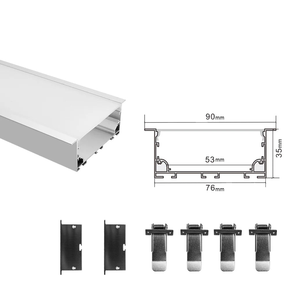 Breiter LED-Einbau-Aluminiumkanal H7635AB – 53 mm Innenbreite | Silber | Milchweiße Abdeckung | Mit Installationszubehör | – Unterputz-Linearbeleuchtung für Büros – 1 m / 2 m | 10er-/20er-Pack 