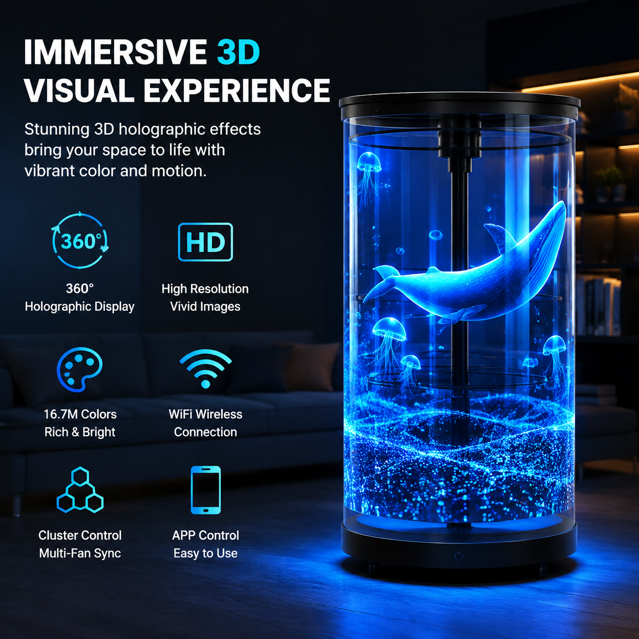 CYL-CL Series 50cm (19.7 inch) Medium Size | 3D Hologram Fan LED Display | Cylinder Fan Cloud Control (AS) | Commercial Hologram Fan | Fan with Transparent Cylindrical Protective Cover | 4 Blades, Mobile Base Included, Power Adapter Included