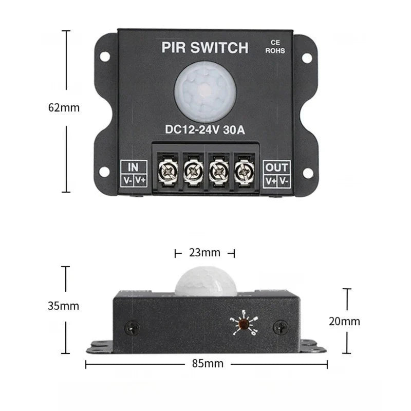 Détecteur de mouvement pour bande LED monochrome – DC12V-24V 30A | Contrôleur de détecteur de mouvement infrarouge PIR | ​​Pour bandes LED