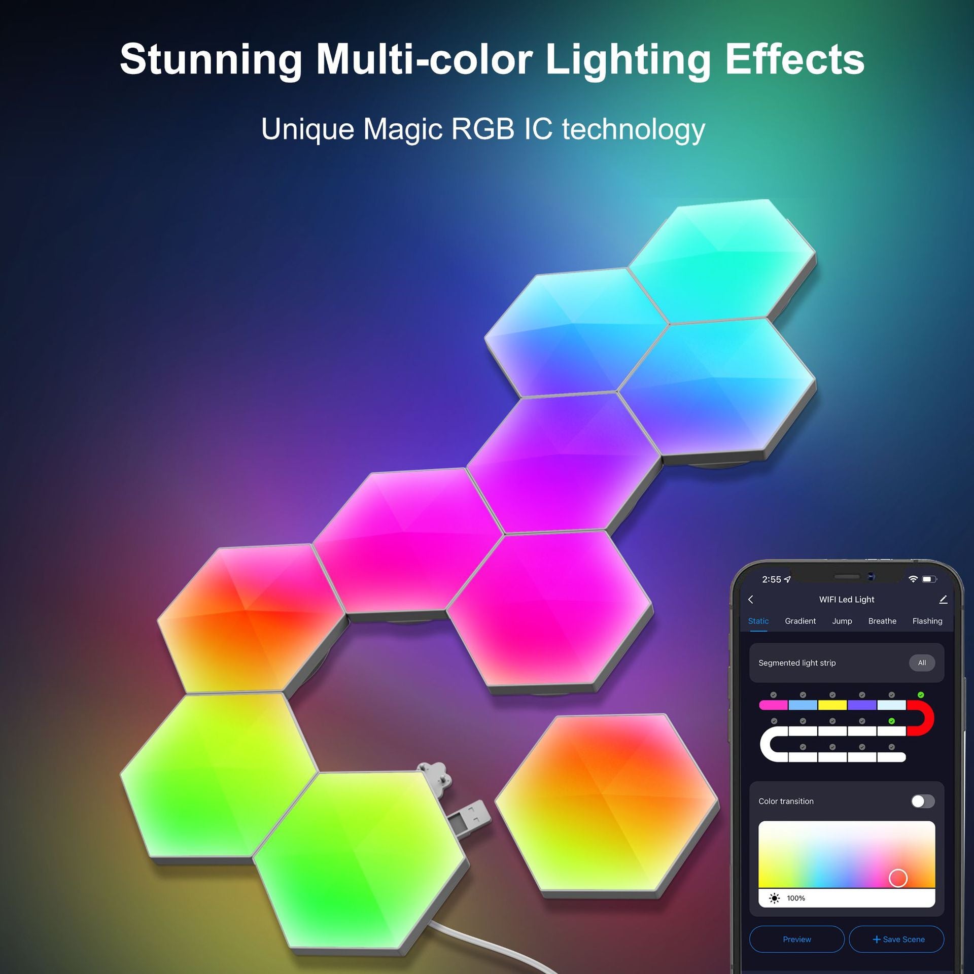 Lumières hexagonales intelligentes à LED RVB pour mur ou bureau, avec synchronisation musicale, pour salle de jeux, streaming, décoration