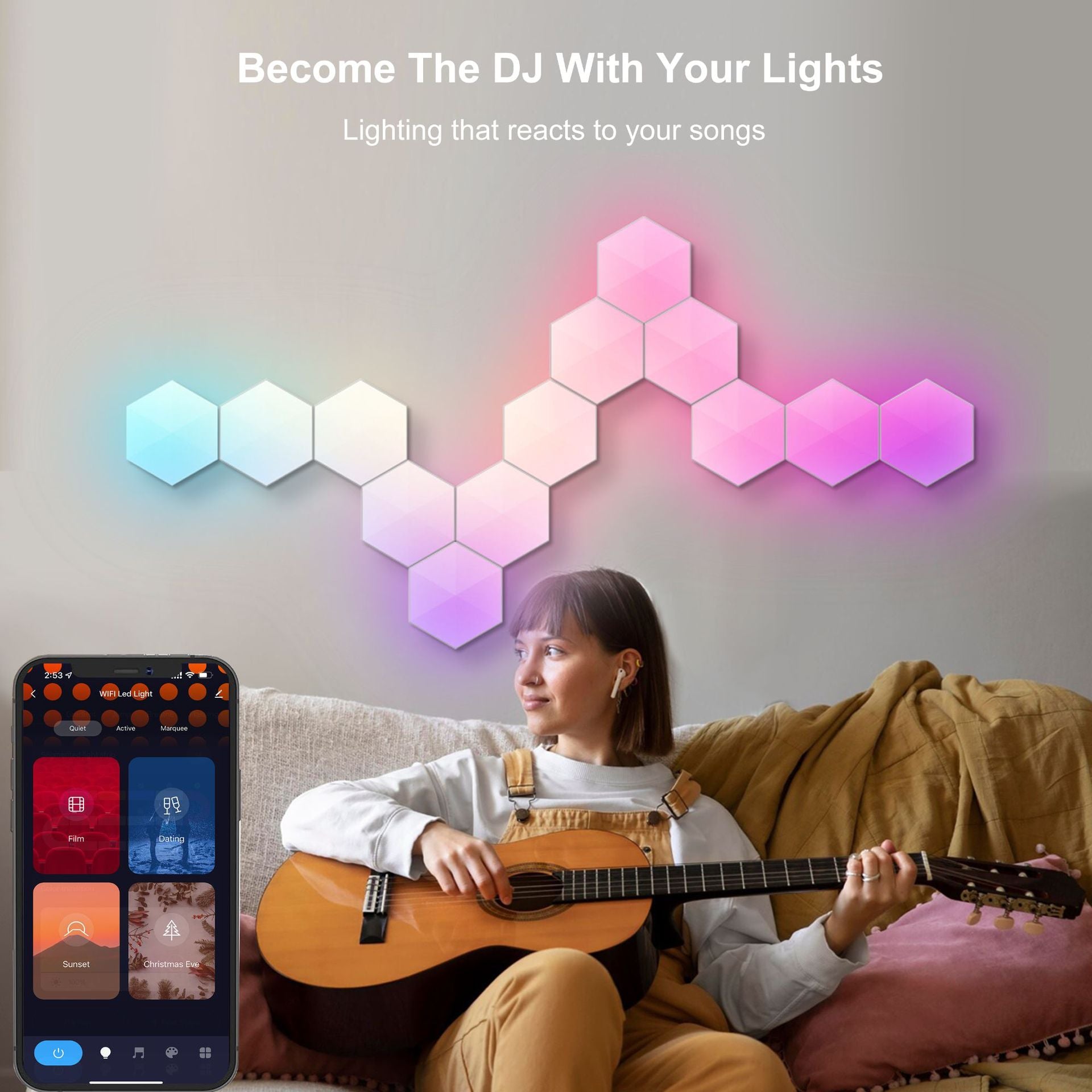 Lumières hexagonales intelligentes à LED RVB pour mur ou bureau, avec synchronisation musicale, pour salle de jeux, streaming, décoration