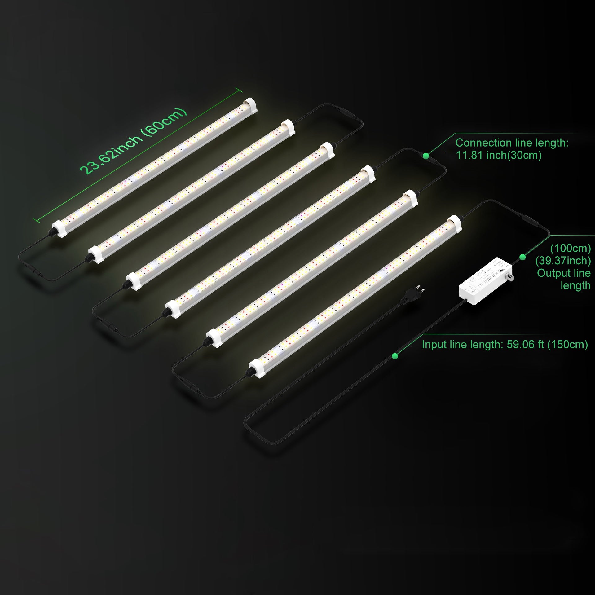 LED Tube Grow Light - 6Pcs | 60cm(2ft) Full Spectrum for Indoor Plants | 65W Dimmable Power Supply | 3000K + 5000K + 660nm + 460nm Spectrum | Selectable Mounting Brackets | Daisy Chain | for Greenhouses Plants | US /  EU Plug