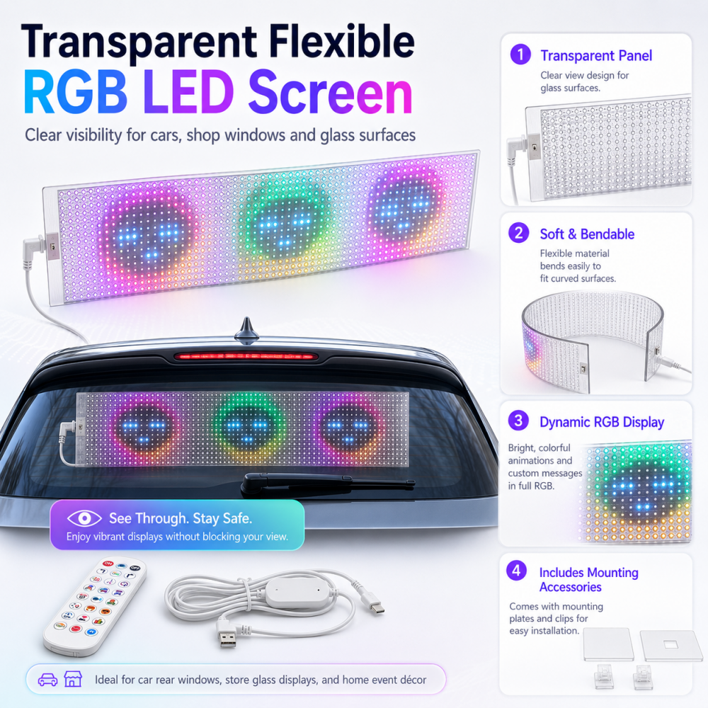 Transparent Flexible LED Matrix Panel – 96x16 RGB Pixel Smart Programmable LED Scrolling Sign LED Display for Car Rear Window & Store Glass