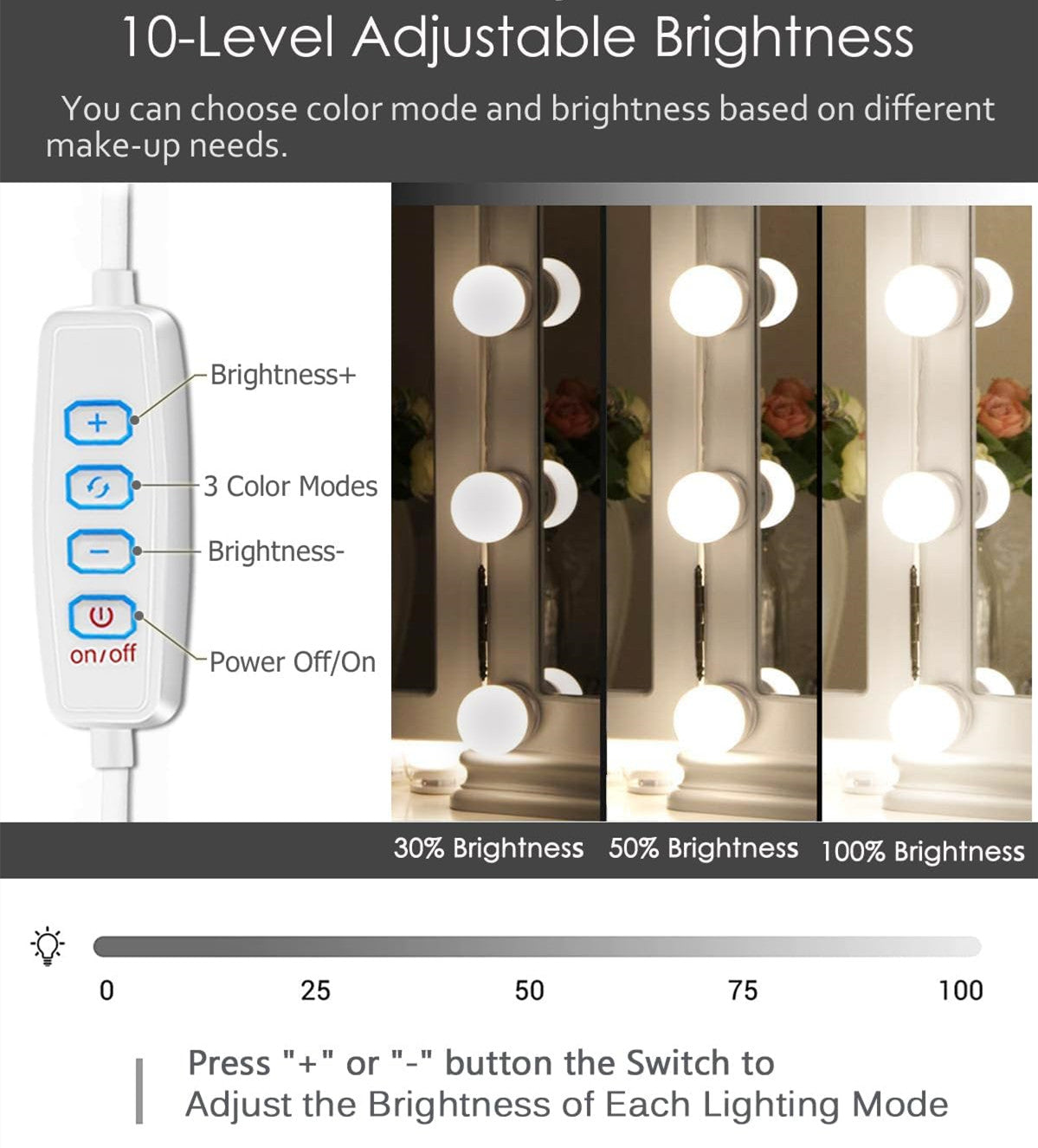 Kit d'éclairage LED pour miroir de courtoisie style Hollywood avec 10 ampoules réglables de 1,77 po à 3 couleurs, idéal pour le maquillage et la coiffeuse dans le dressing.