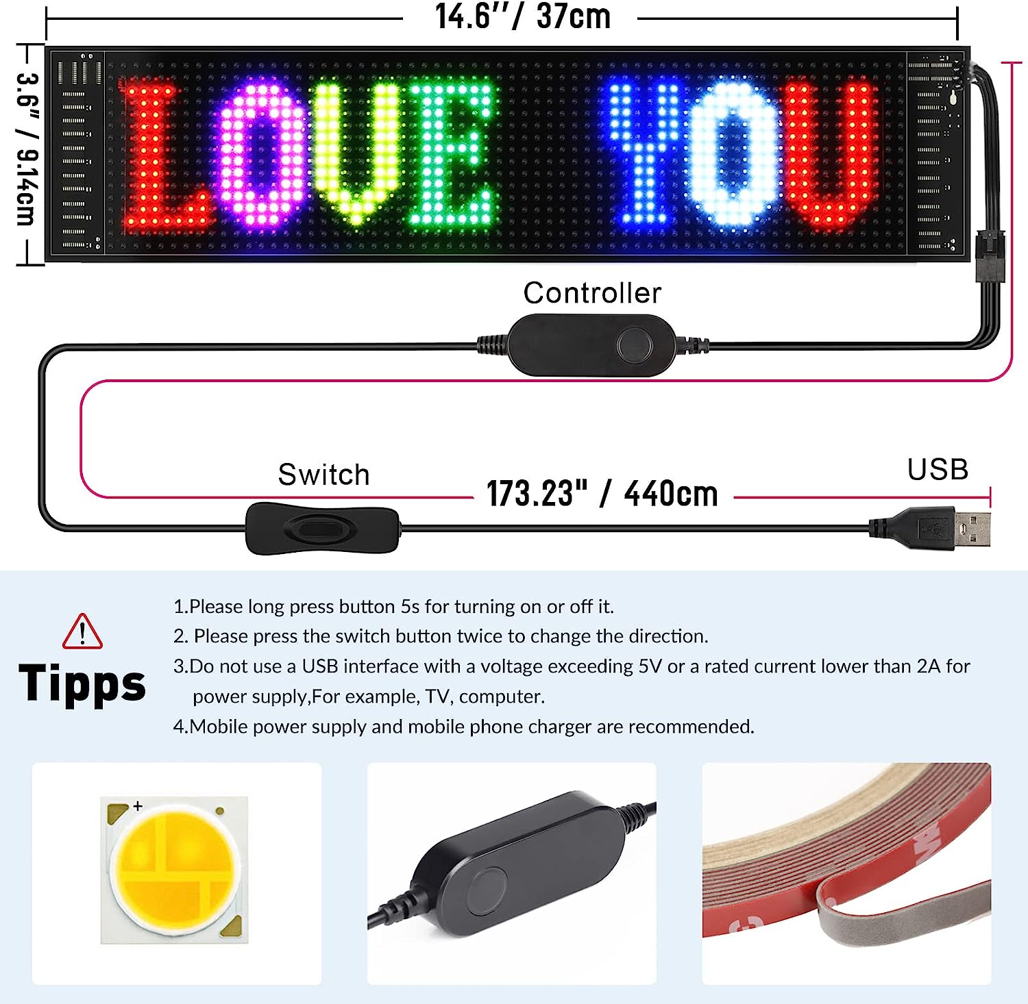 Model 1664 Flexible USB 5V Car LED Sign Bluetooth App Control Display Screen Text Pattern Animation LED sign display for Car Windows, Shop, Bar and Entrance Sign