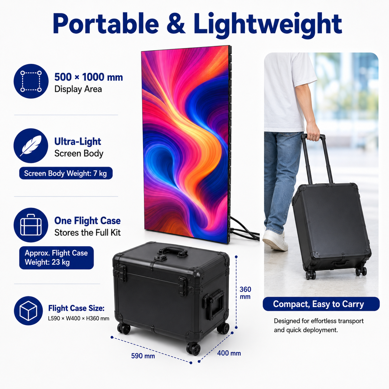 EP-RS Series Rollable LED Poster Display | 500×1000mm | P2.6 / P1.95 / P1.56 / P1.25 | Lightweight, Flexible & Portable | Supports Hanging & Magnetic Installation