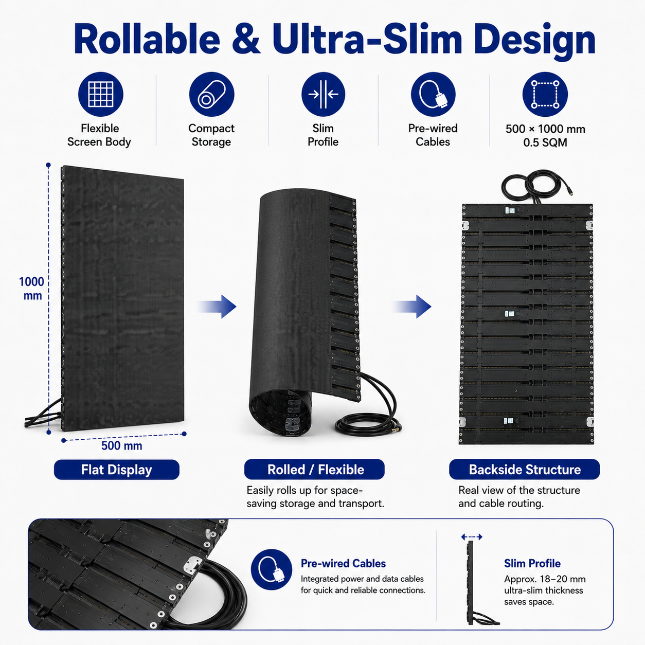 EP-RS Series Rollable LED Poster Display | 500×1000mm | P2.6 / P1.95 / P1.56 / P1.25 | Lightweight, Flexible & Portable | Supports Hanging & Magnetic Installation