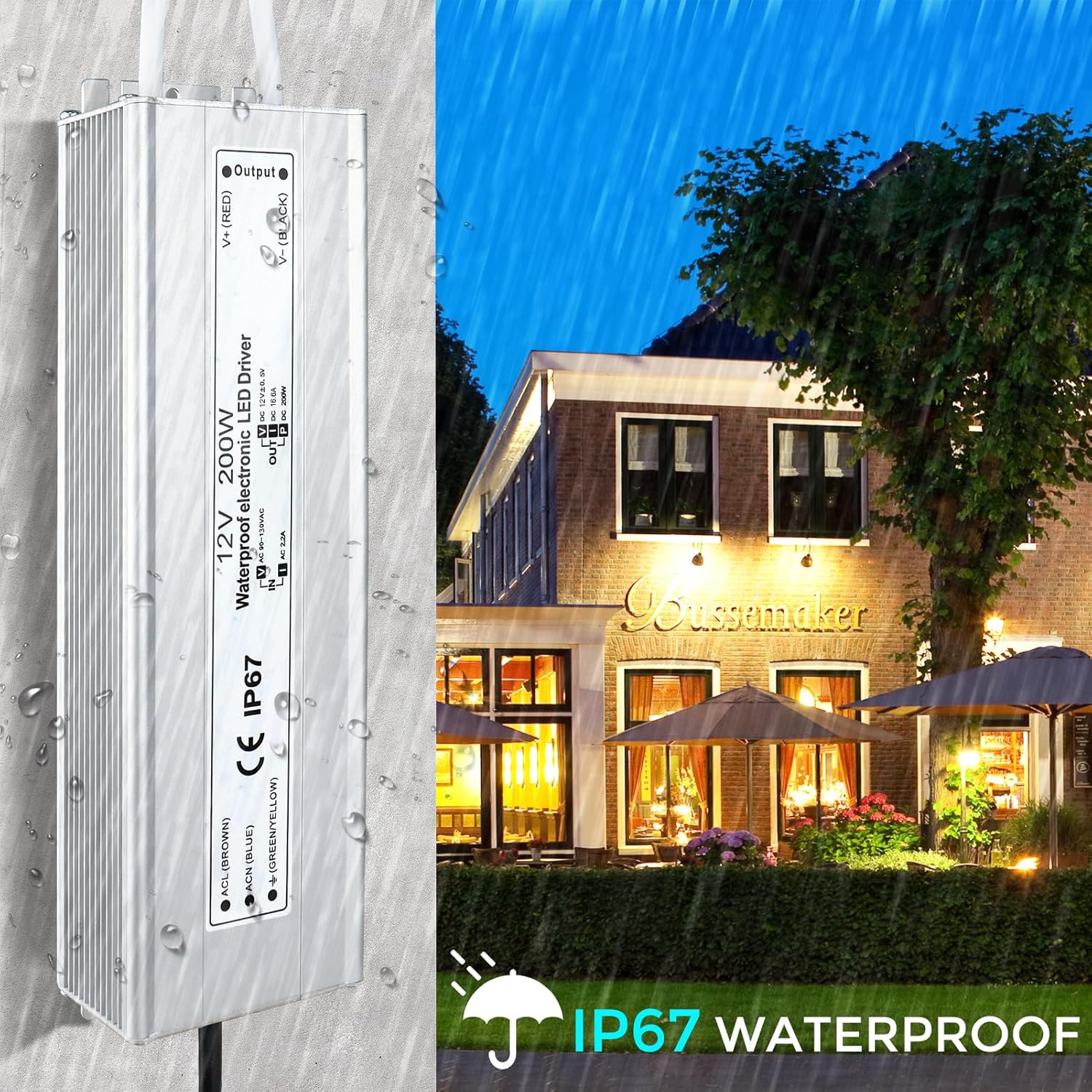 Wasserdichtes 12-V-LED-Netzteil, 175–265 V Eingang, 200–500 W, Einzel-/Doppelkabelausgang, LED-Treiber für den Außenbereich, CE/RoHS/FCC – UK/EU-Stecker und Kabeloptionen