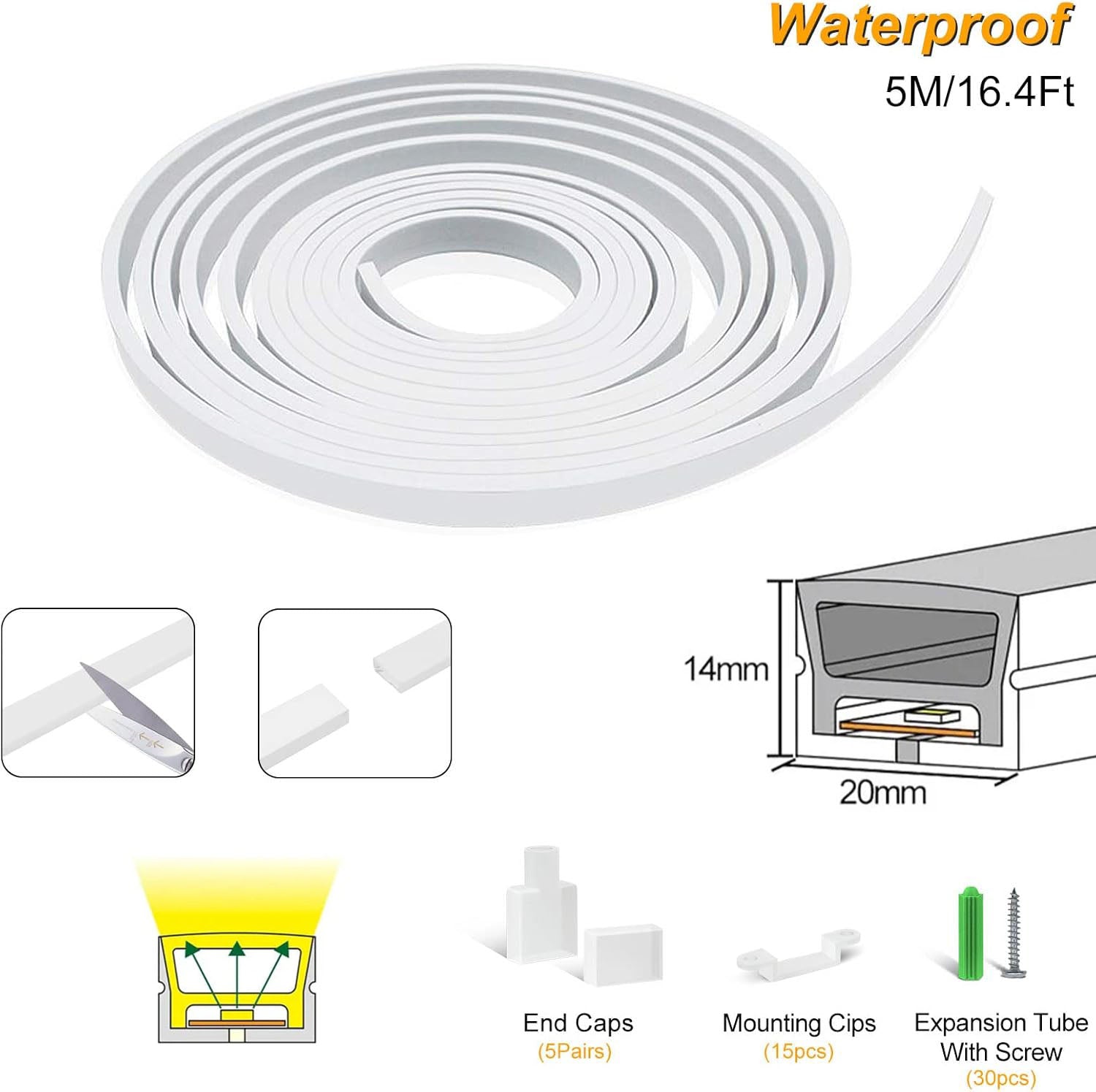 Neonlichtgehäuse – S1420 | 14 x 20 mm Silikon-LED-Kanalsystem | IP67 wasserdicht | 12 mm Leiterplattenbreite | 5 m | Lagerbestand in den USA/UK/DE