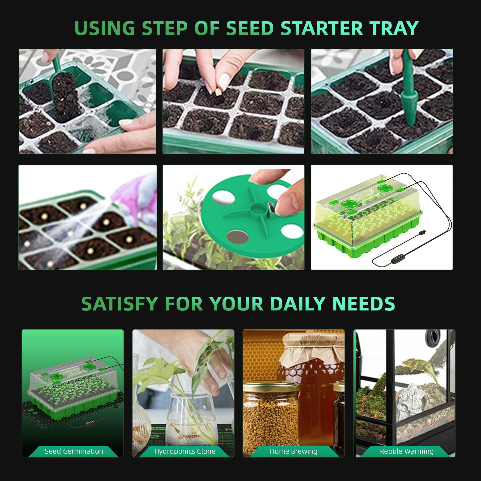 Seed Starter Tray with LED Grow Lights - 40-Cell | Adjustable Brightness and Timer | White & Blue Light / Red & Blue Light | Full Spectrum LEDs | USB Plug | for Indoor Plant Growing | 1 / 2 Pack