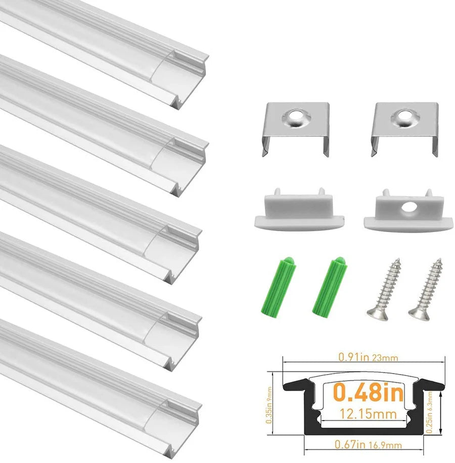 Profilé LED en U U01-A – 12 mm | Argenté / Noir | Cache blanc laiteux | Avec accessoires d'installation | Profilé aluminium robuste – 1 m / 2 m / 3 m | Paquet de 50 / 100