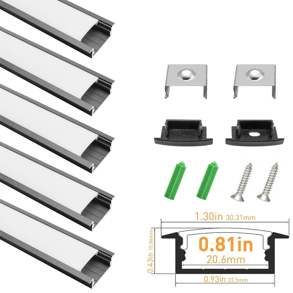 Profilé LED en U U03-A – 20 mm | Argenté / Noir | Cache blanc laiteux | Avec accessoires d'installation | Profilé aluminium robuste – 1 m / 2 m / 3 m | Paquet de 50 / 100