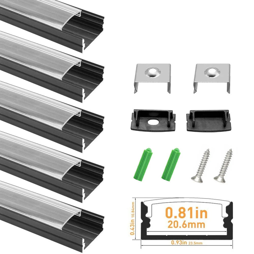 Profilé LED en U U04-A – 20 mm | Argenté / Noir | Cache blanc laiteux | Avec accessoires d'installation | Profilé aluminium robuste – 1 m / 2 m / 3 m | Paquet de 50 / 100
