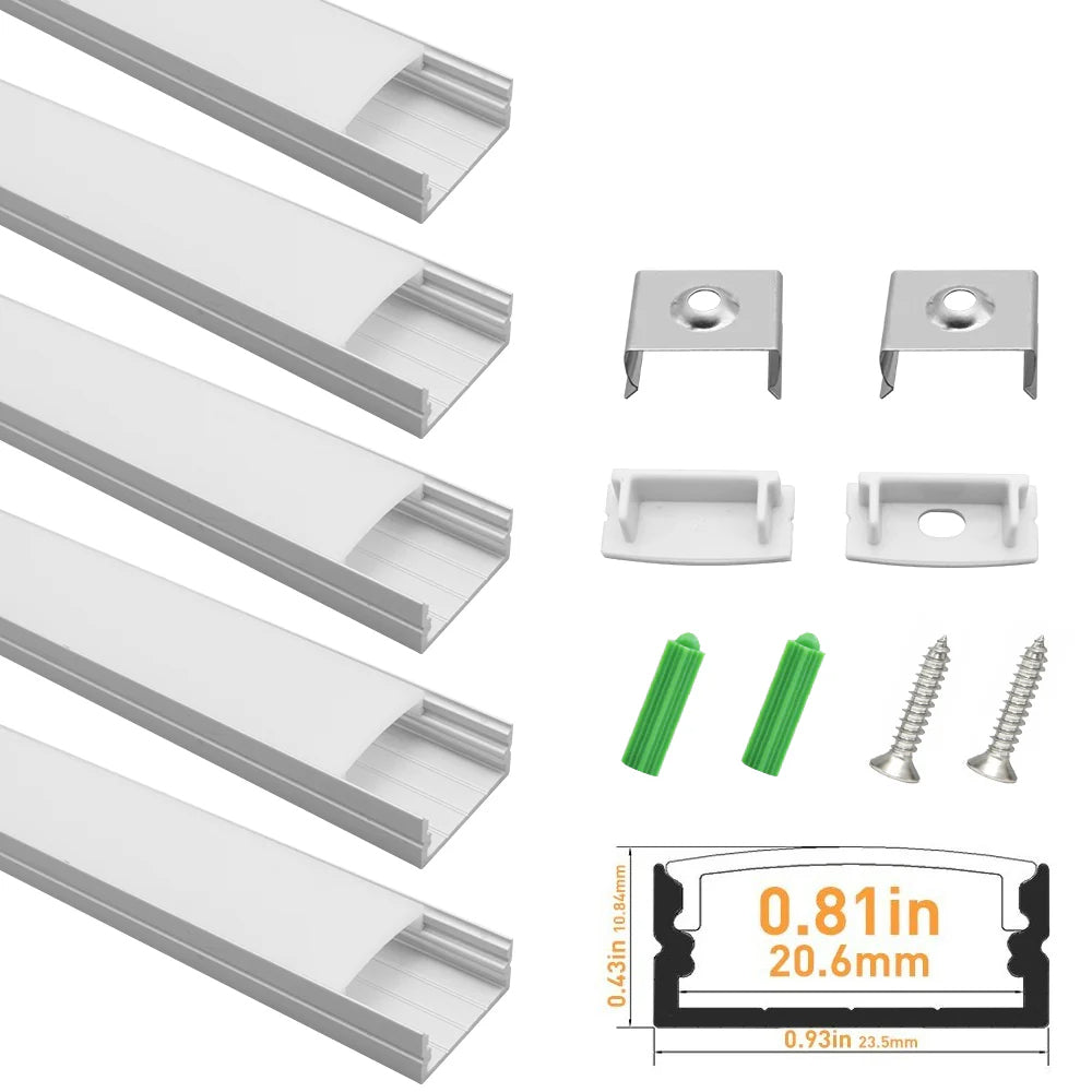 Profilé LED en U U04-A – 20 mm | Argenté / Noir | Cache blanc laiteux | Avec accessoires d'installation | Profilé aluminium robuste – 1 m / 2 m / 3 m | Paquet de 50 / 100