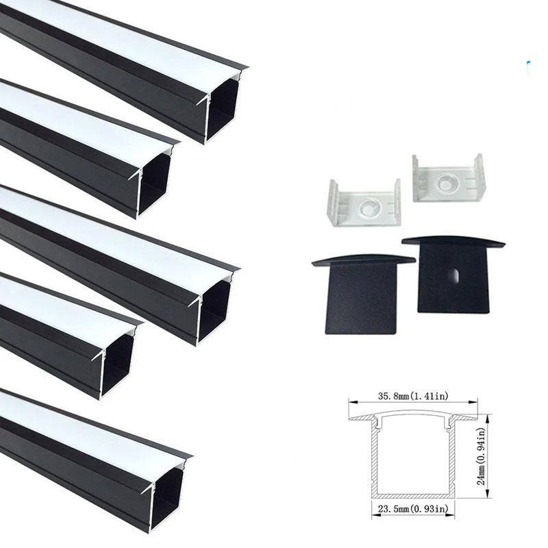Profilé LED en U U05-A – 20 mm | Argenté / Noir | Cache blanc laiteux | Avec accessoires d'installation | Profilé aluminium robuste – 1 m / 2 m / 3 m | Paquet de 50 / 100
