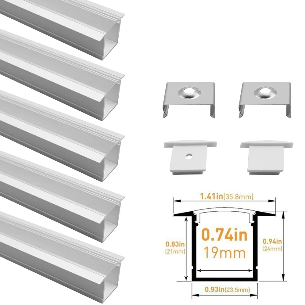 Profilé LED en U U05-A – 20 mm | Argenté / Noir | Cache blanc laiteux | Avec accessoires d'installation | Profilé aluminium robuste – 1 m / 2 m / 3 m | Paquet de 50 / 100
