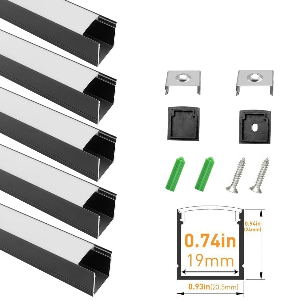 Profilé LED en U U06-A – 20 mm | Argenté / Noir | Cache blanc laiteux | Avec accessoires d'installation | Profilé aluminium robuste – 1 m / 2 m / 3 m | Paquet de 50 / 100
