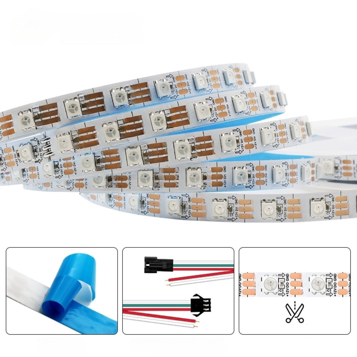 DC12V WS2812 RGBIC LED Strip Light - 10mm PCB | SMD5050 Individually Addressable | 30 / 60 LEDs/M | White PCB |  IP00 / IP65 / IP67 | Flowing Multicolor LED Strip for Party, Decoration, Home DIY Lighting Projects | 5/50M