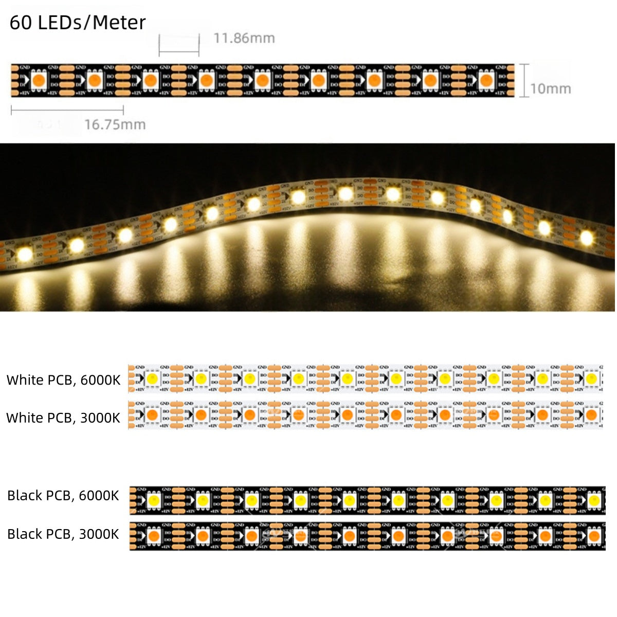 DC12V WS2815 Single Color IC LED Strip Light - Cool White 6000K | 10mm PCB | SMD5050 Individually Addressable | Breakpoint Resume | 30/60/74/96 LEDs/M | White PCB |  IP00 / IP65 / IP67 | for Party, Decoration, Home DIY Lighting Projects | 5/50M