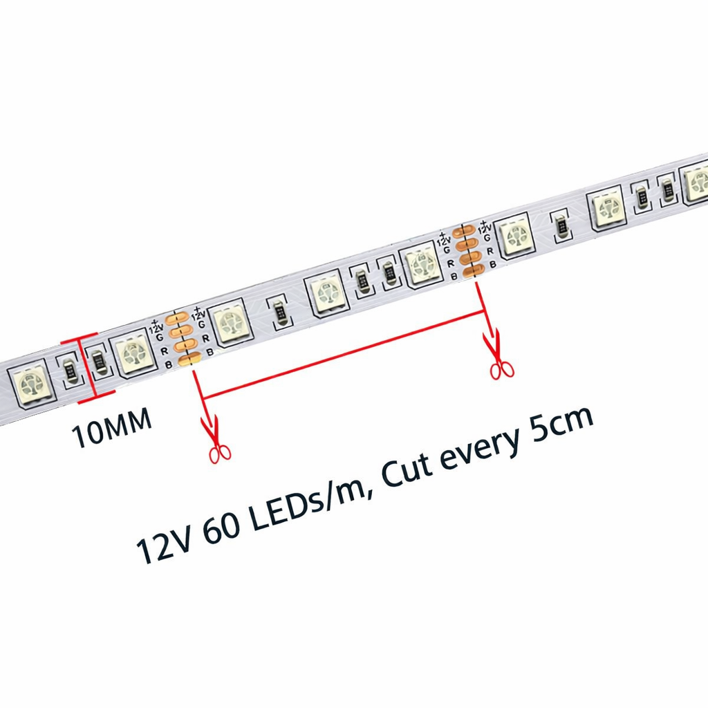 10MM Wide SMD5050 RGB LED Strip Light - DC12V | 60 / 120 LEDs/M | 10mm PCB | IP00 / IP65 / IP67 | for Mirror, Kitchen Cabinet, Bedroom | 5/50M