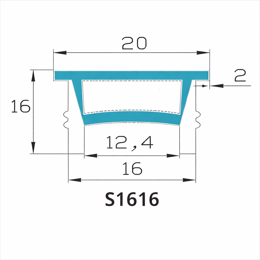 16×16mm Quick Install Neon Light Housing – S1616 Mounting Edge | Silicone LED Channel System | Max Strip Width ≤12 mm | Flat-Top Silicone Diffuser | for Architectural Cove Lighting & Retail Display Lighting | 164FT/50M