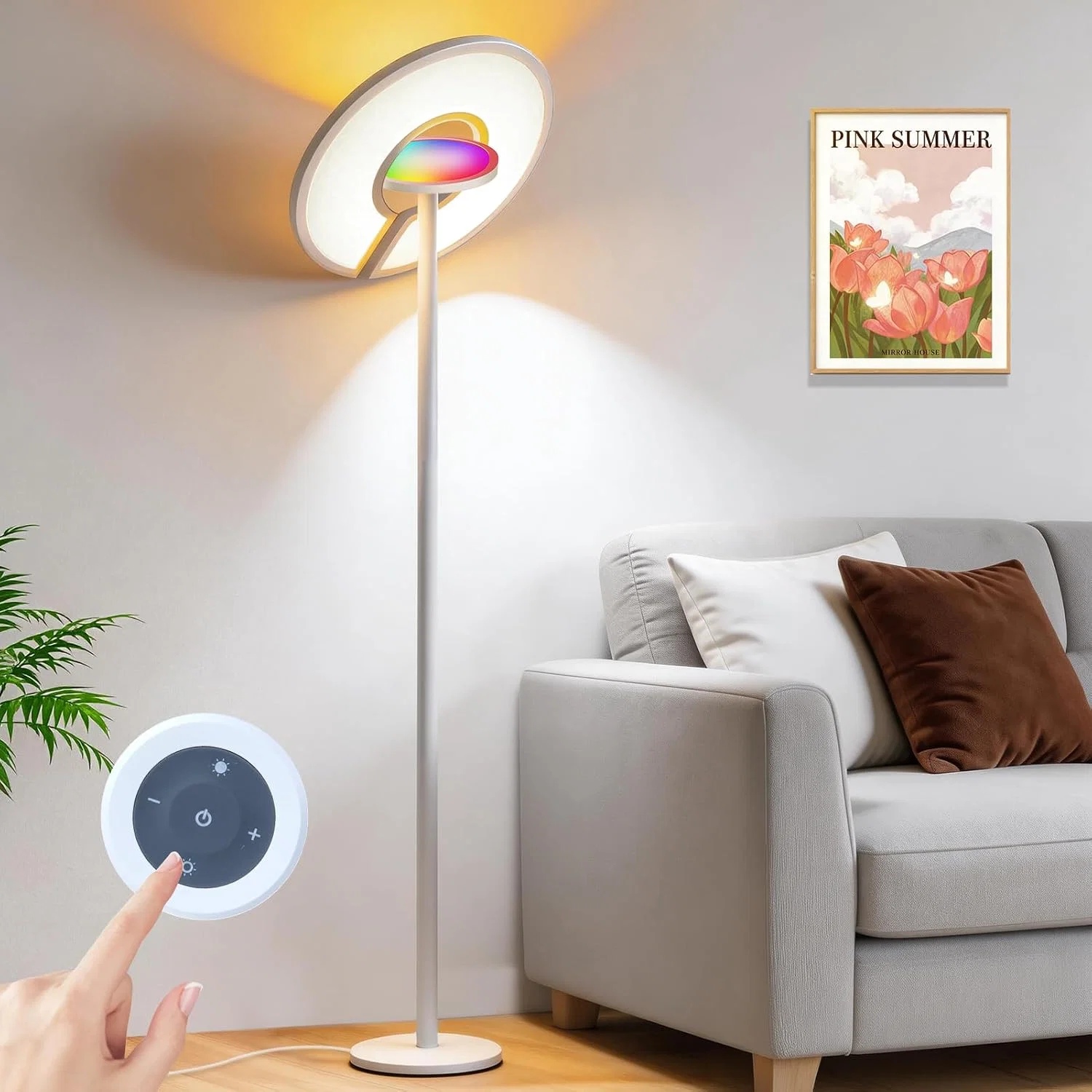 Smart Floor Lamp | 40W+8W LED Standing Lamp | Dimmable Floor Lamp with RGB Ambient Light | 2800-6000K | Remote Control | 2M Tall for Living Room Bedroom Office | US & UK Stock