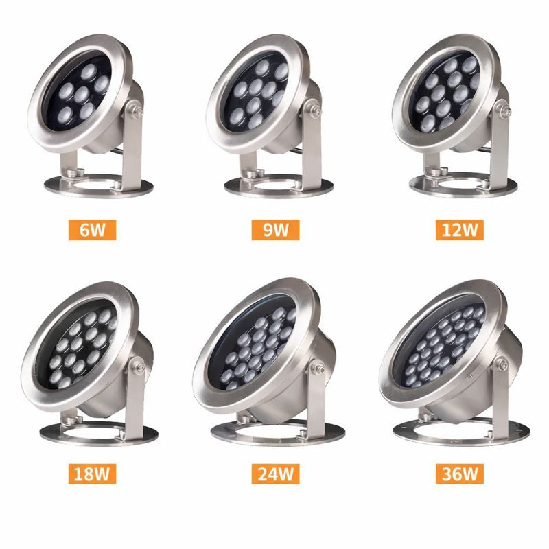 6W / 9W / 12W / 18W / 24W  LED Underwater Spotlight – IP68 Waterproof | DC 12V / 24V Low Voltage | Adjustable Stainless Steel Submersible Light | RGB & Single Color Options for Pool, Fountain & Landscape Lighting ｜4 / 10Pack
