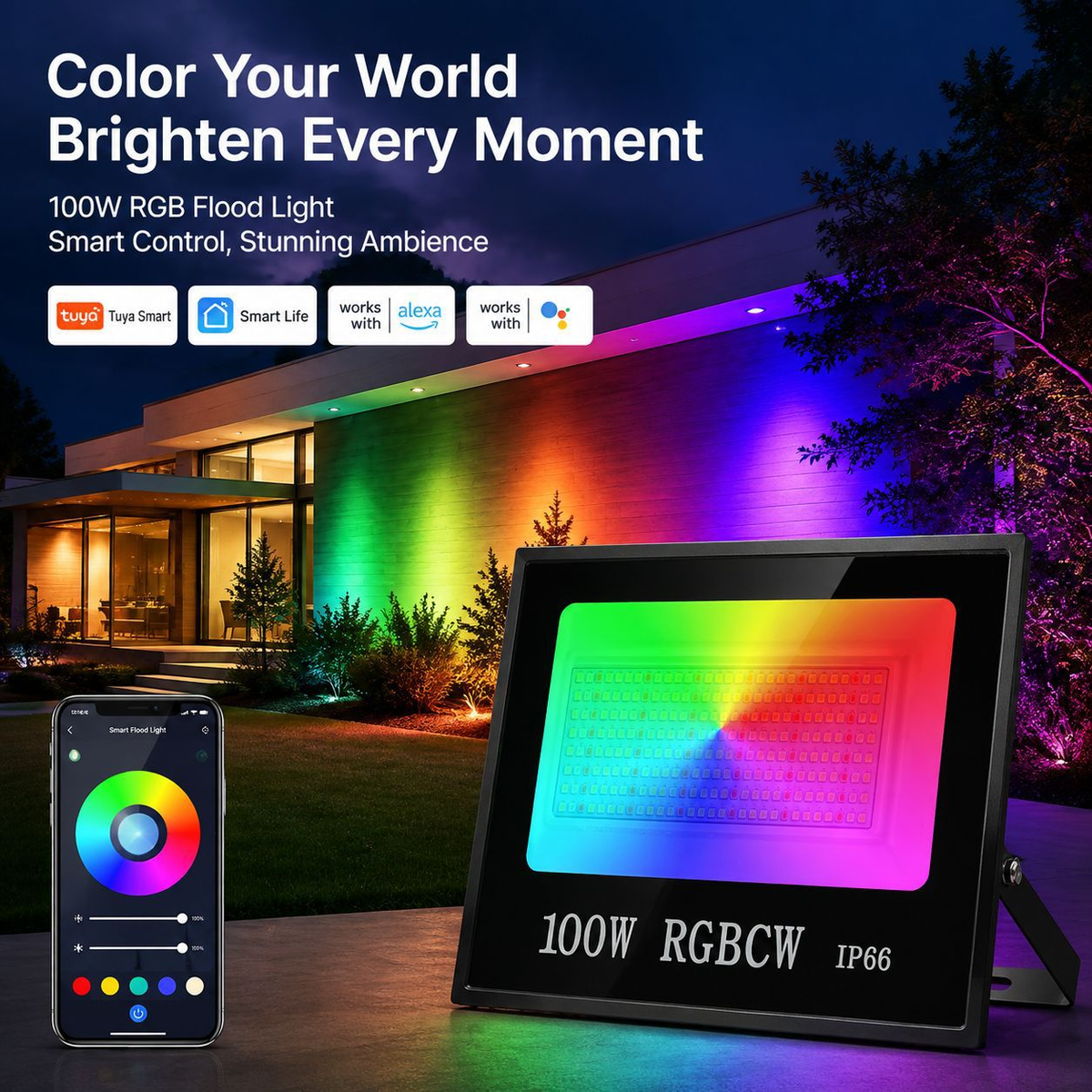2er-Pack 30 W RGBCW LED-Flutlicht für den Außenbereich, WiFi, Bluetooth, RGBCW 2700 K – 6500 K und 16 Millionen Farben, LED-Landschaftslichter, IP66 wasserdicht