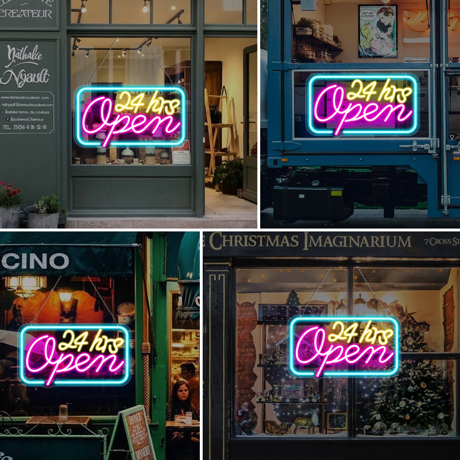 24 Stunden geöffnet Neonschild – Eisblau, Gelb &amp; Lila Leuchten | 40×23 cm (16×9 Zoll) | Fenster-Hängeleuchte für 24-Stunden-Läden Plug &amp; Play
