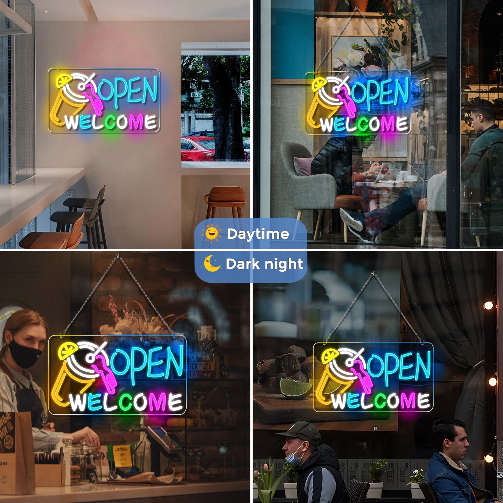 OPEN WELCOME Neon Sign – USB Powered | 16×9 inch (41×23 cm) | Multicolor Glow | LED Window Light with Cocktail Design for Bar, Café, Storefront