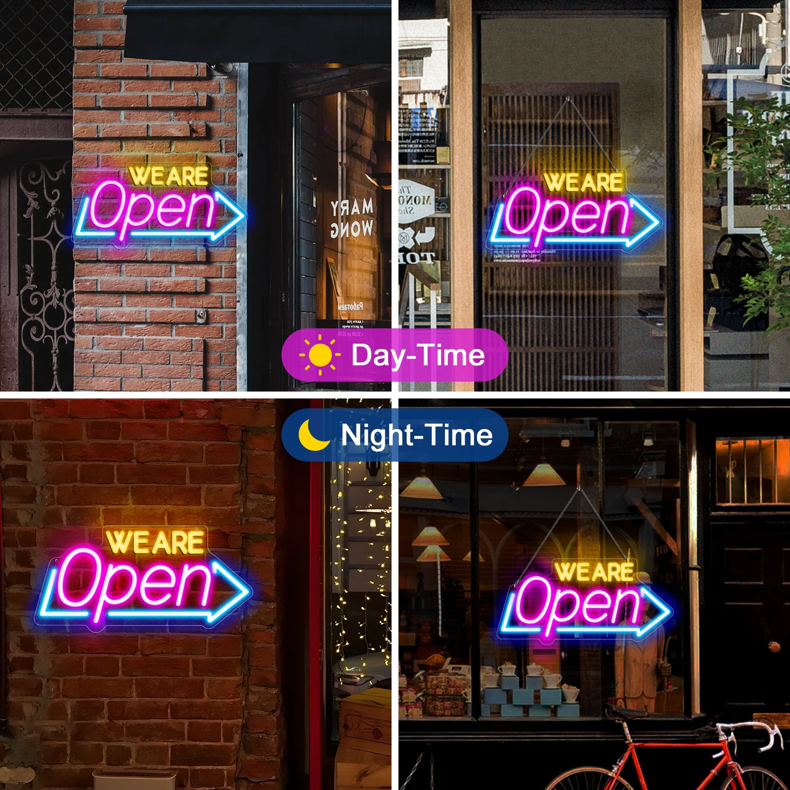 WE ARE OPEN Neon Sign – USB Powered | 16×8 inch (41×20 cm) | Arrow Shape LED Window Sign | 3 Color Combos for Storefront Display