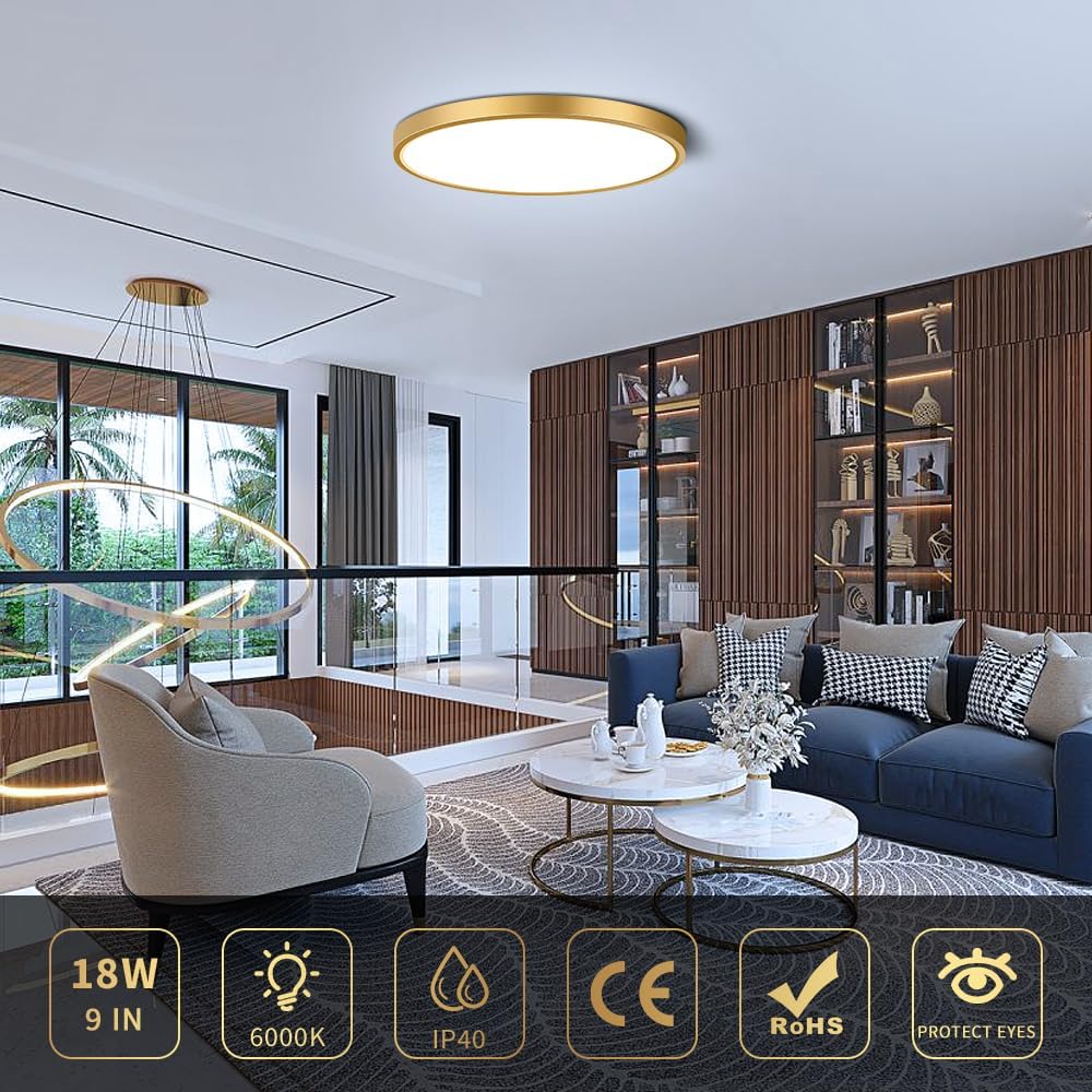 AC 110–130 V runde LED-Deckenleuchte – Gold – 18 W / 24 W / 32 W Optionen – 3000 K / 4500 K / 5000 K / 6500 K – Deckenleuchte zur Unterputzmontage – Lokaler Lagerbestand (USA)