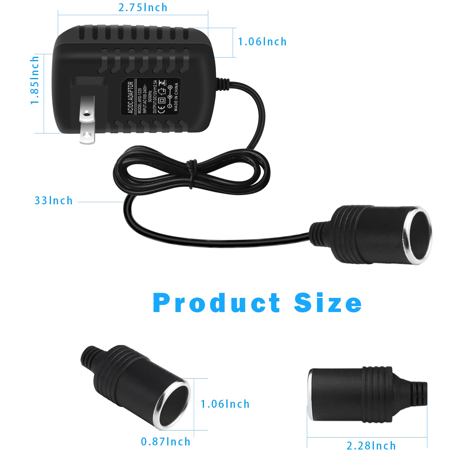 DC 12 V Zigarettenanzünder-Netzteiladapter 12 W–36 W, AC 100–240 V auf 12 V Konvertertransformator, Autosteckdosenladegerät für Pumpe, Kühler, LED-Leuchten – US-Stecker 