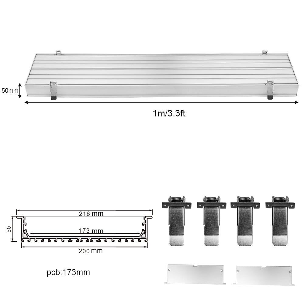 Breiter LED-Einbau-Aluminiumkanal H20050B – 173 mm Innenbreite | Silber | Milchweiße Abdeckung | Mit Installationszubehör | – Bündige Montage, lineare Bürobeleuchtung – 1 m / 2 m | 10er-/20er-Pack 