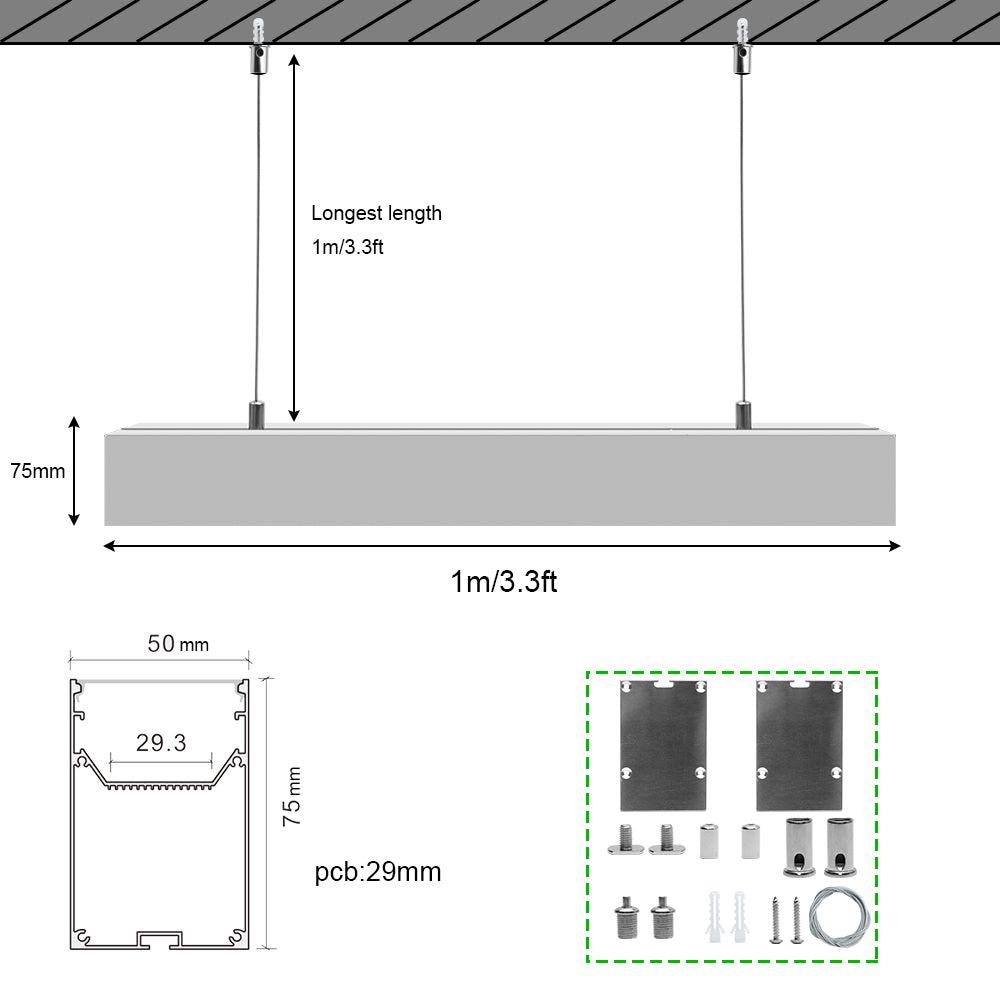 Breiter LED-Aluminium-Pendelkanal H5075B – 29,3 mm Innenbreite | Silber | Milchweiße Abdeckung | Mit Installationszubehör | – Aufhängung für lineare Bürobeleuchtung – 1 m / 2 m | 10er-/20er-Pack 