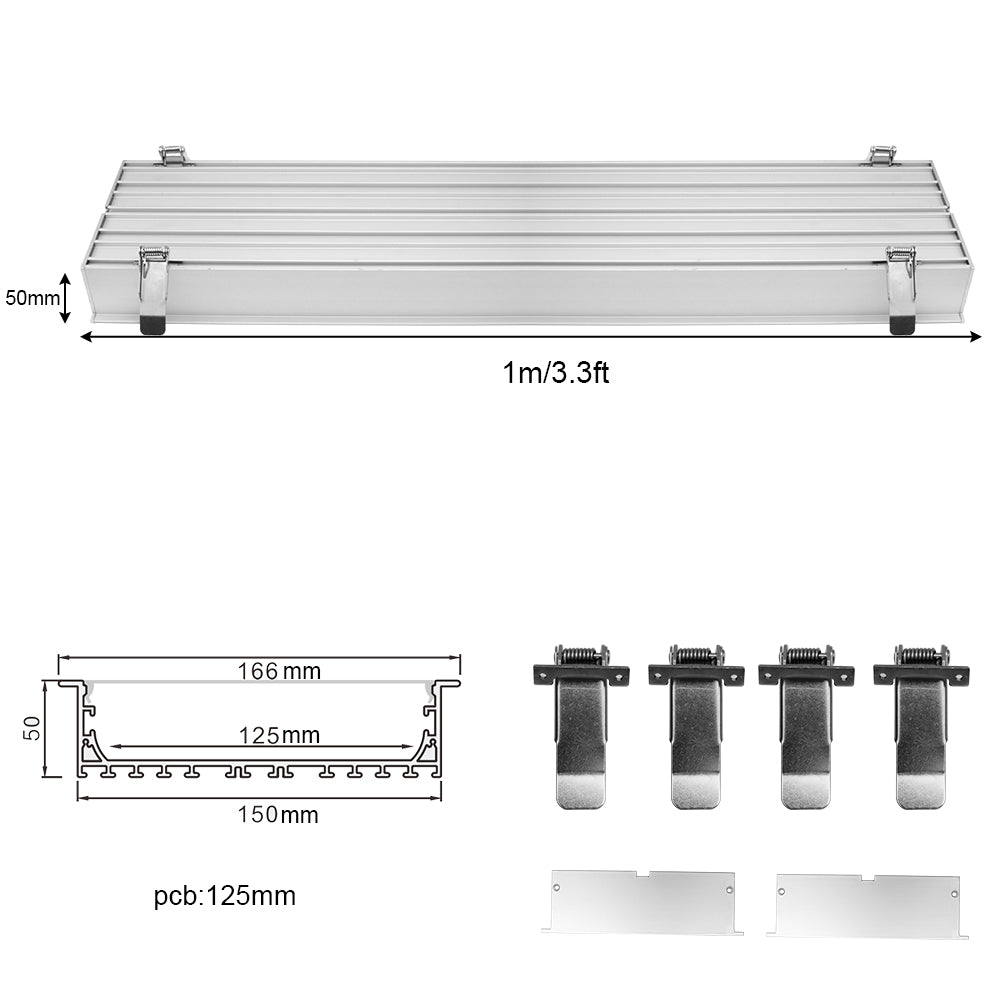 Breiter LED-Einbau-Aluminiumkanal H15050B – 125 mm Innenbreite | Silber | Milchweiße Abdeckung | Mit Installationszubehör | – Bündige Montage, lineare Bürobeleuchtung – 1 m / 2 m | 10er-/20er-Pack