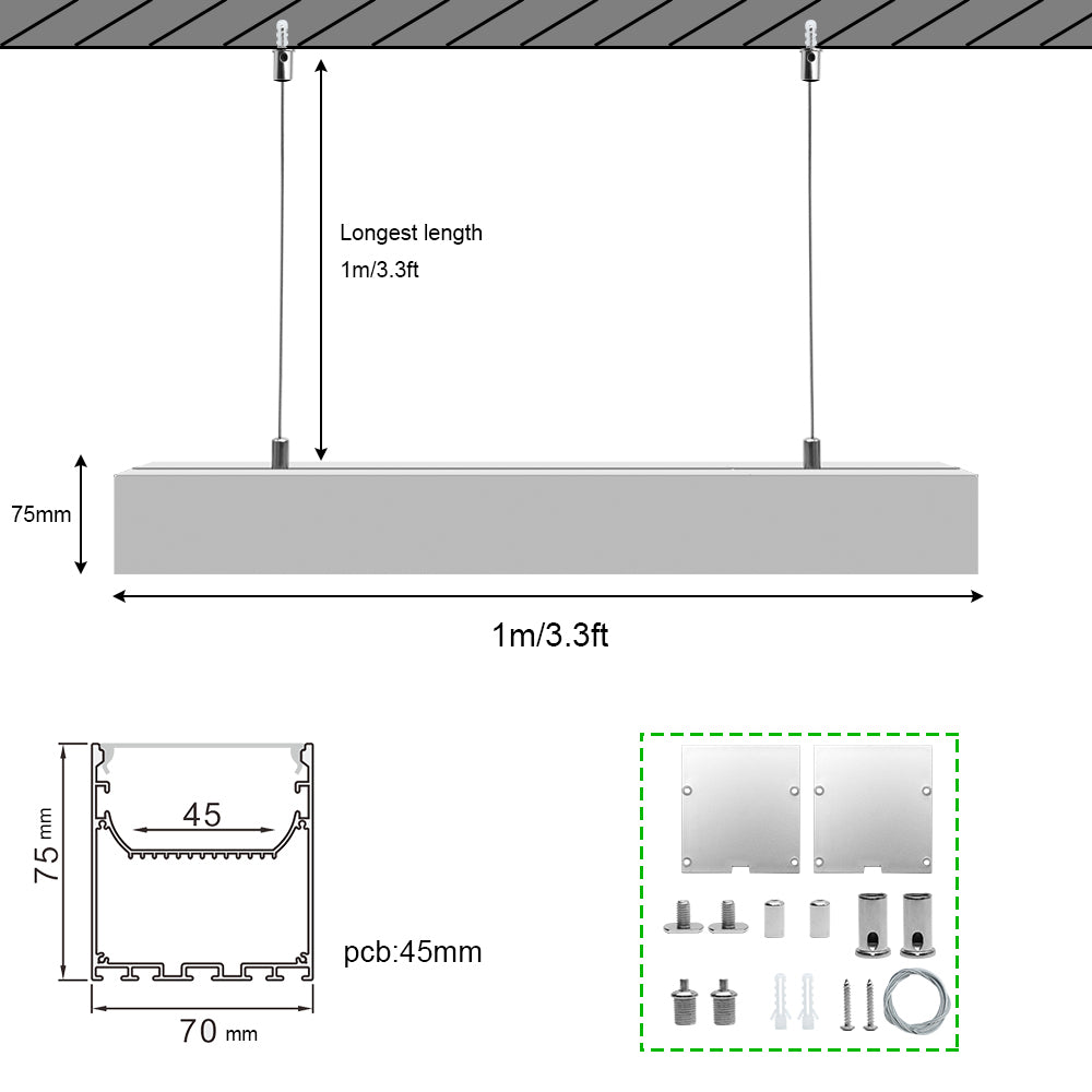 Breiter LED-Aluminium-Pendelkanal H7075B – 45 mm Innenbreite | Silber | Milchweiße Abdeckung | Mit Installationszubehör | – Aufhängung für lineare Bürobeleuchtung – 1 m / 2 m | 10er-/20er-Pack