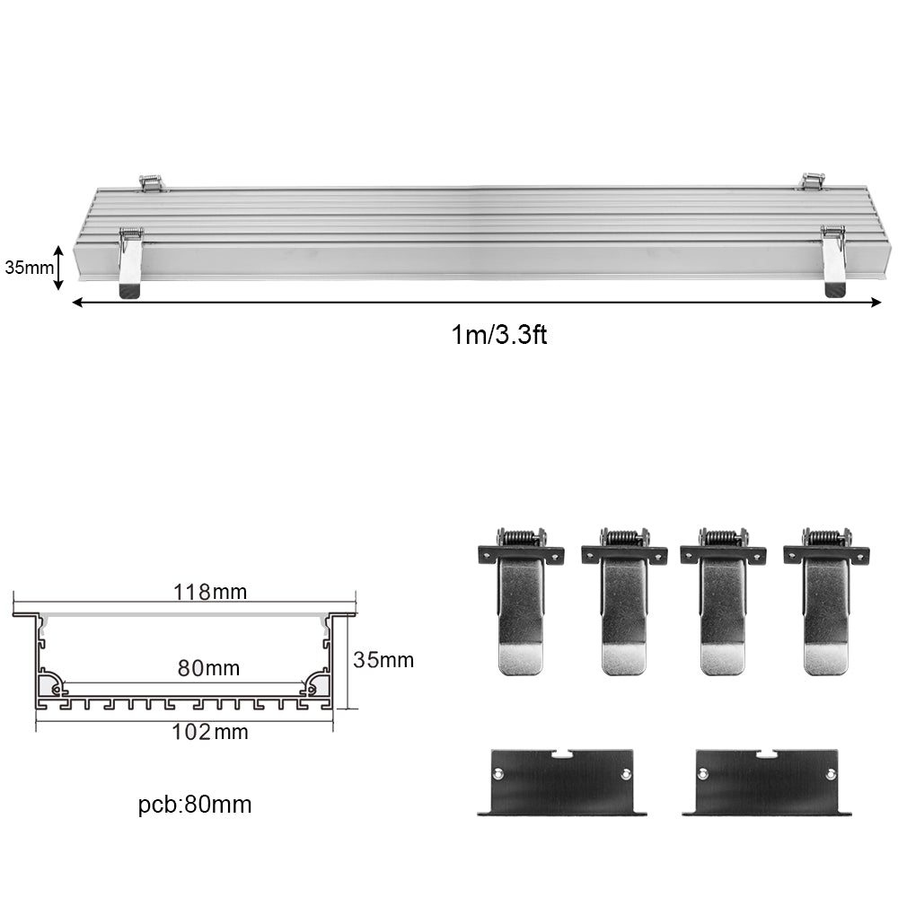 Breiter LED-Einbau-Aluminiumkanal H10235B – 80 mm Innenbreite | Silber | Milchweiße Abdeckung | Mit Installationszubehör | – Bündige Montage, lineare Bürobeleuchtung – 1 m / 2 m | 10er-/20er-Pack 