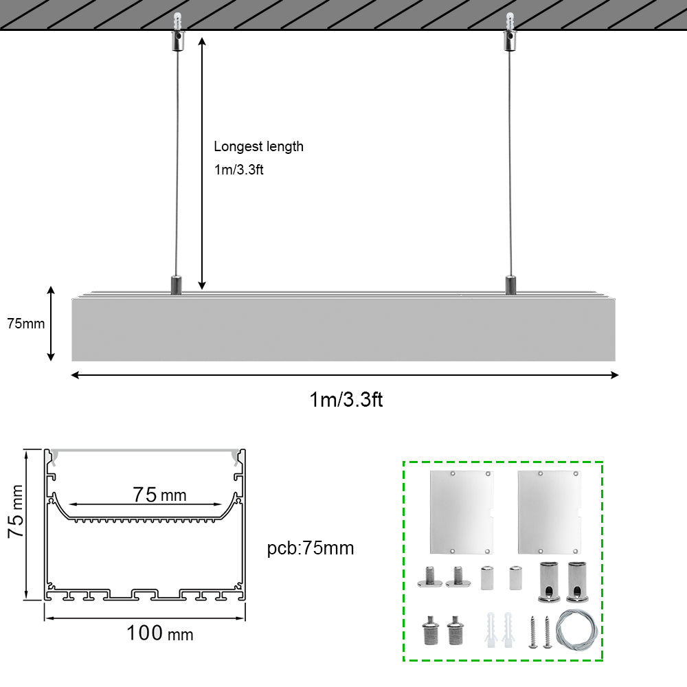 Breiter LED-Aluminium-Pendelkanal H10075B – 75 mm Innenbreite | Silber | Milchweiße Abdeckung | Mit Installationszubehör | – Aufhängung für lineare Bürobeleuchtung – 1 m / 2 m | 10er-/20er-Pack 
