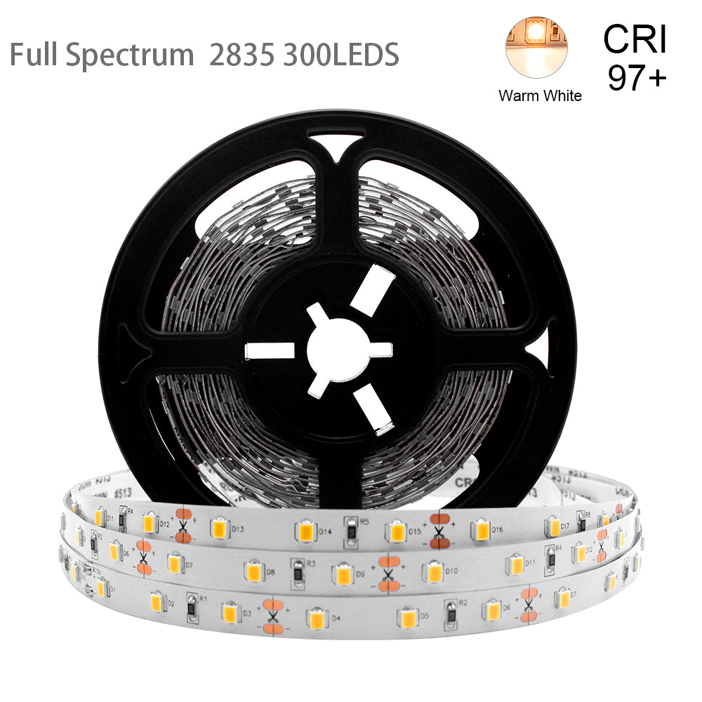DC24V SMD2835 Full Spectrum LED Strip Light - CRI 97+ | 300 LEDs (60 LEDs/M) | 2700K / 3000K / 4000K / 5500K / 6500K | 10W/M | 8mm PCB | CRI 97+ | IP00 / IP67 | for Mirror, Kitchen Cabinet, Bedroom