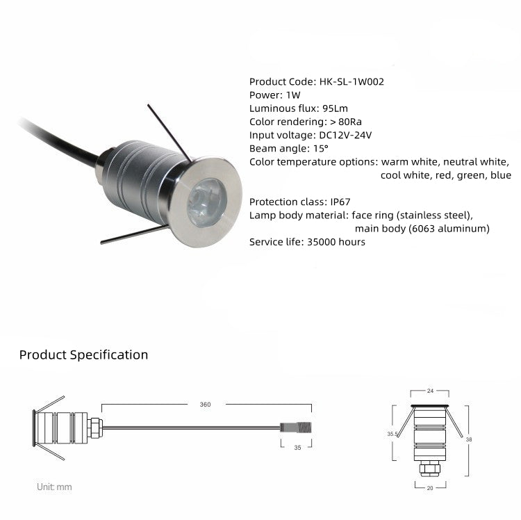 Lot de 8 spots LED d'extérieur en acier inoxydable, 1 W, 12 V-24 V CC, IP67, angle de 15 °, étanches, pour jardin
