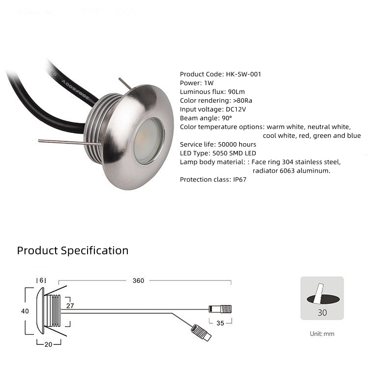 Lot de 8 spots LED encastrés d'angle pour mur extérieur, 1 W, 12 V CC, IP65, en acier inoxydable