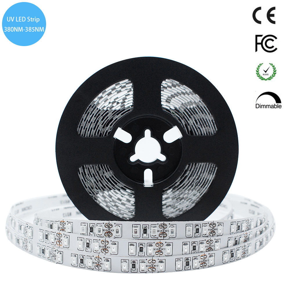 395–405nm SMD2835 UV LED Strip Light – 16.4FT / 5M | 60 / 120 / 240 LEDs/m | Non-Waterproof / IP67 Waterproof | Not Include Power Supply | For Black Party, Curing & Fluorescent Lighting