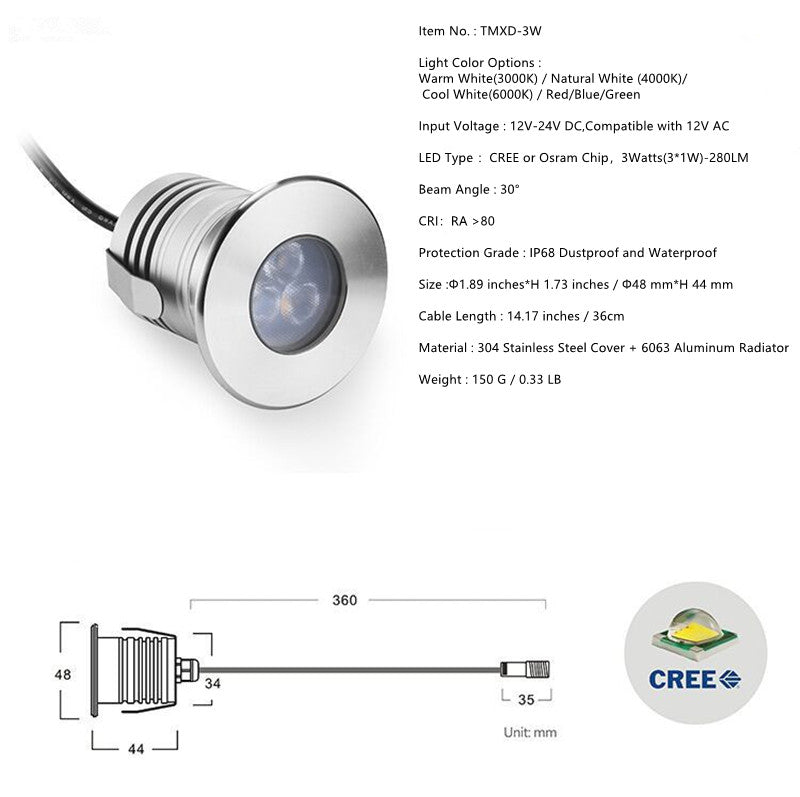 Lot de 8 lampes LED sous-marines pour piscine, 3 W, 12 V-24 V CC, étanches IP68, en acier inoxydable et aluminium, pour piscines creusées, bassins, fontaines et escaliers.